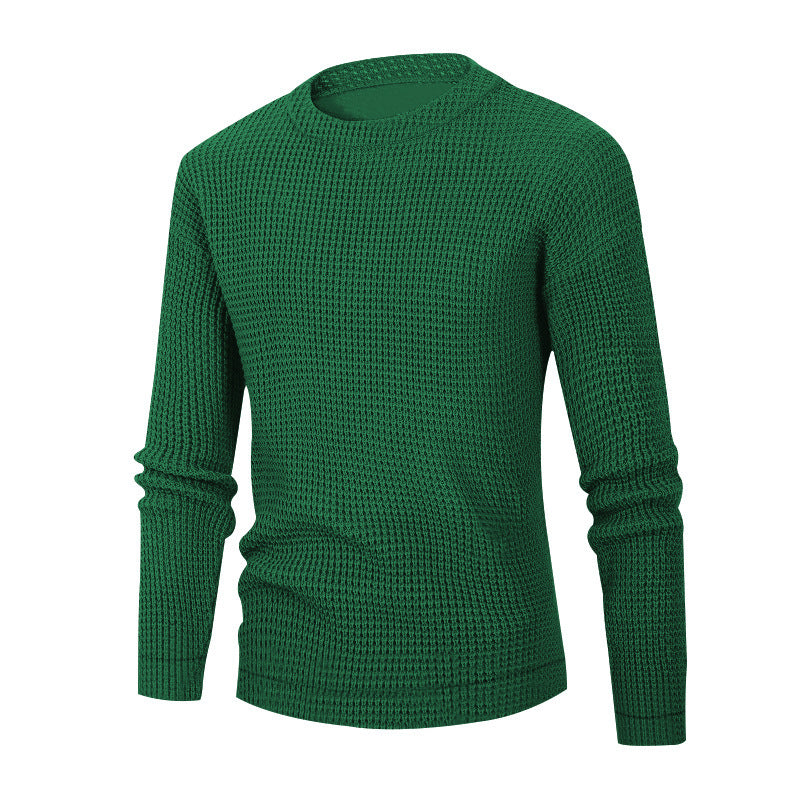 Men's Solid Color Waffle Autumn Long Sleeve Round Neck Base Sweater