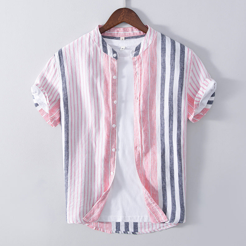 Men's Half Sleeve Striped Shirt Casual Linen Breathable Color Matching Short Sleeve Shirt Men