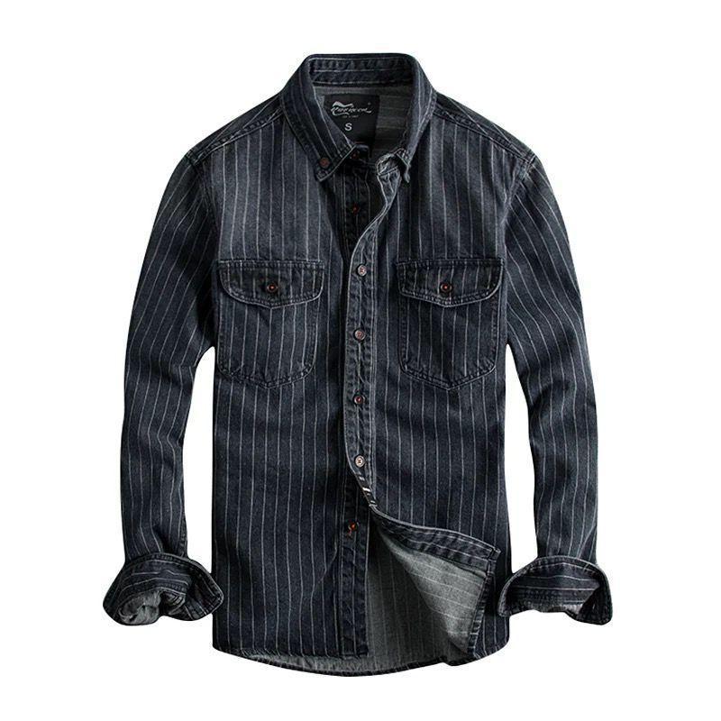 Denim Shirt Retro Heavy Distressed Thick Striped  Men’s Long Sleeve