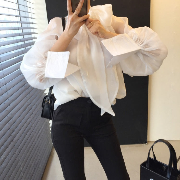 Women's Loose And Thin Bowknot Stand Collar Lantern Long Sleeve Top