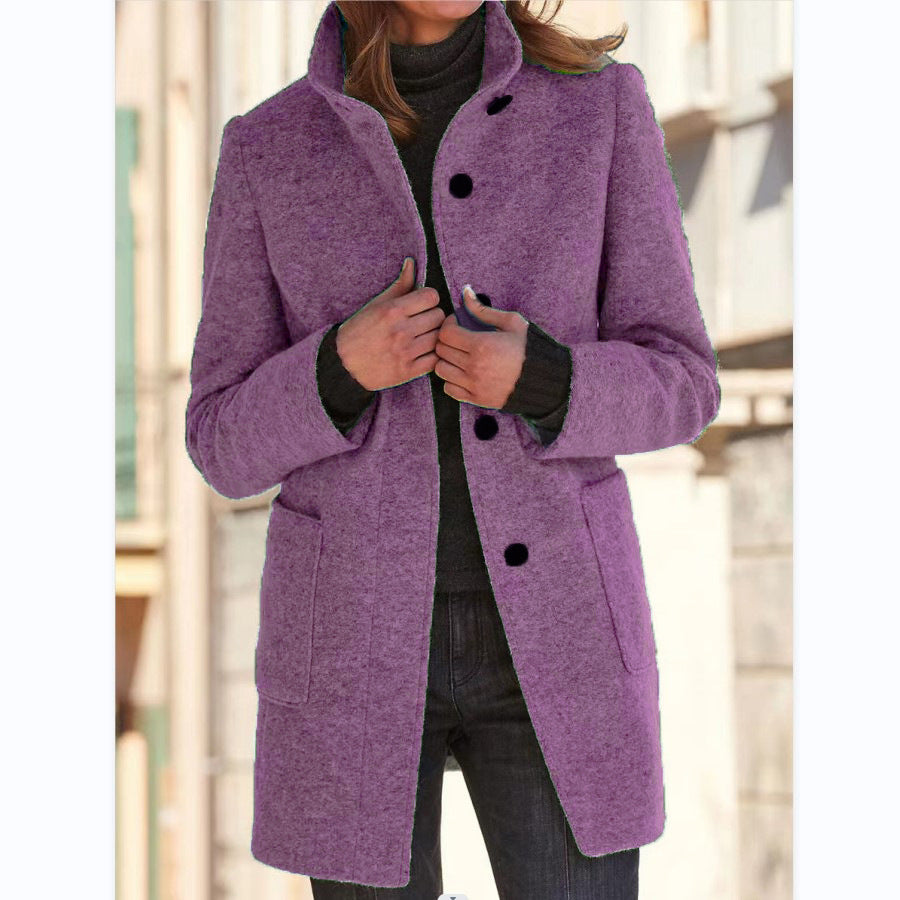 Stand Collar Woolen Coat With Pockets