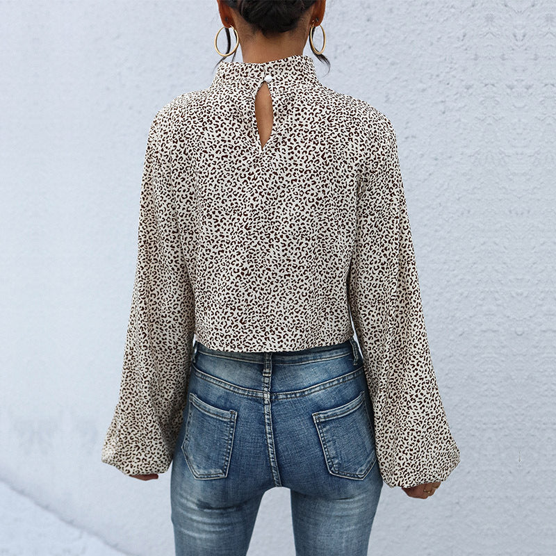 Midriff-baring Top Long Sleeve  Leopard-print Shirt