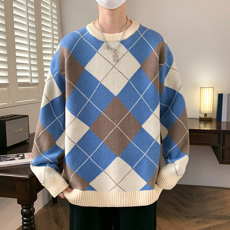 Rhombus Plaid Crew Neck Sweater