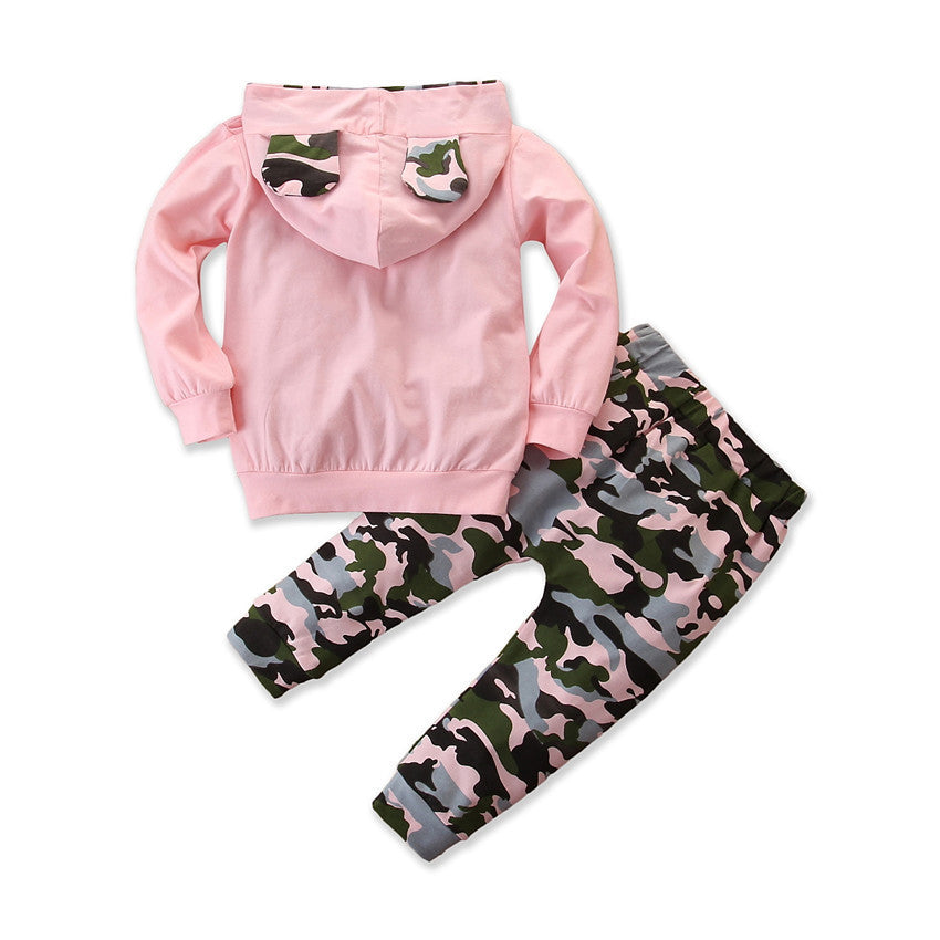 Girls Spring And Autumn Hooded Sweater  Camouflage 2 Piece Set