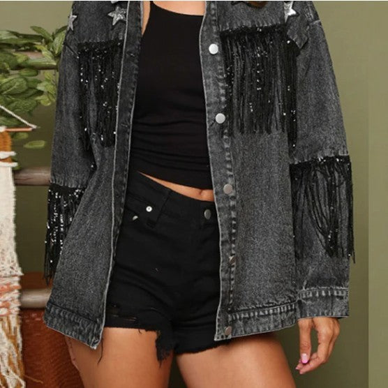 Multicolor Denim Coat Star Sequins Tassel Jacket