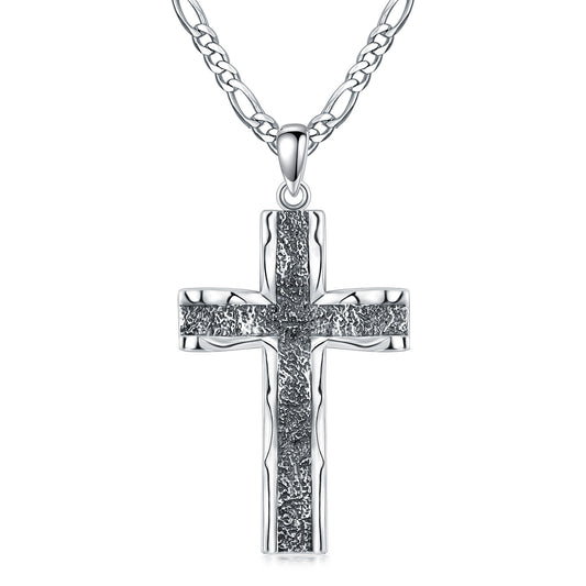 925 Sterling Silver Cross Pendant with Stainless Steel Figaro Chain