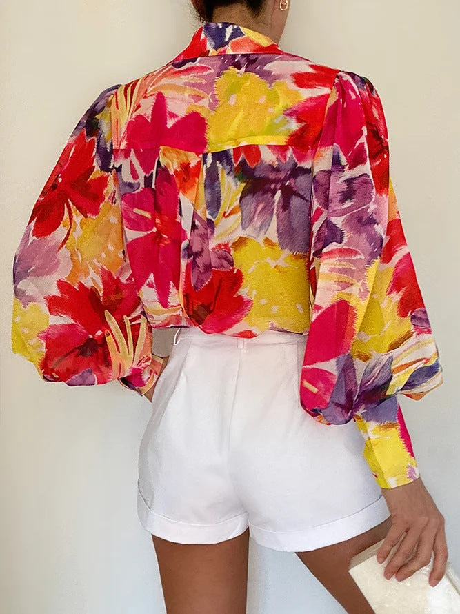 Women's Summer Printed Lantern Sleeve Shirt