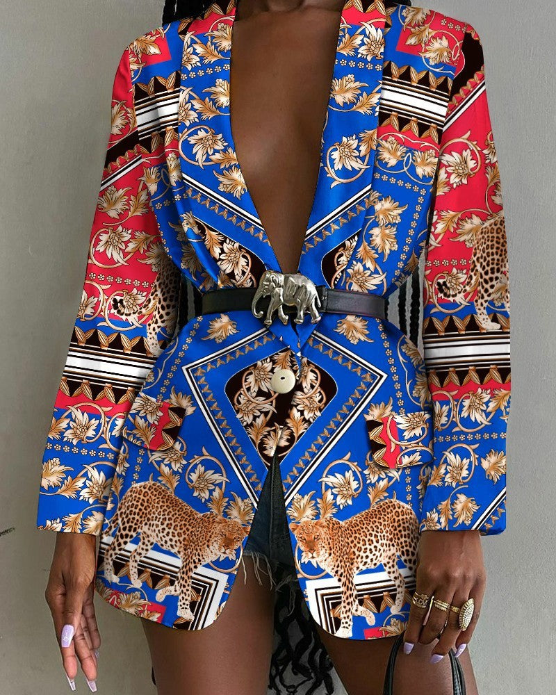 Fashion Printed Shawl Collar Single-breasted Belt Blazer Women