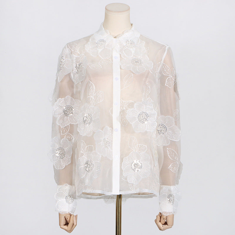 Organza Embroidery Three-dimensional Flowers Sequin Stitching  Women's Shirt