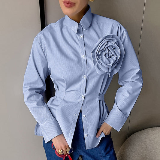 Casual Striped Blue Flower Slim-fit Long-sleeved Polyester Cotton Shirt