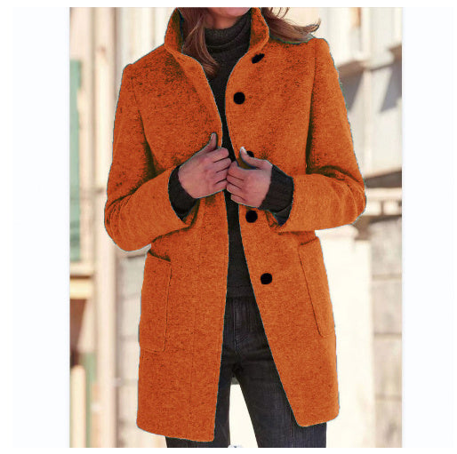 Stand Collar Woolen Coat With Pockets