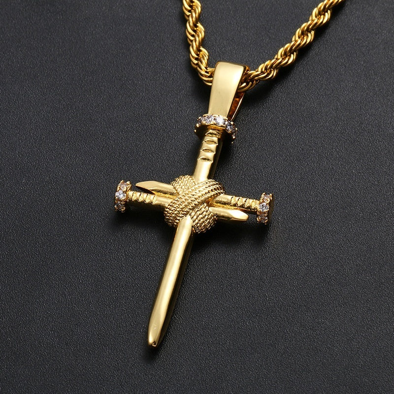 Zircon Inlaid Simple And Novel Nail Cross Pendant Necklace