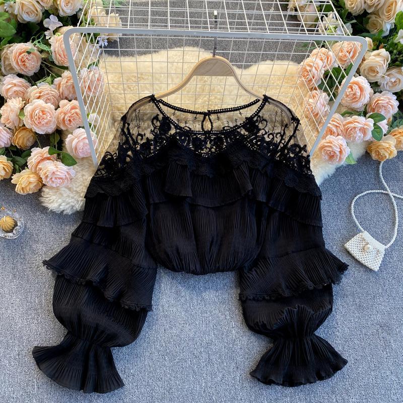 Stitching Lace Ruffled Puff Sleeve Chiffon Shirt