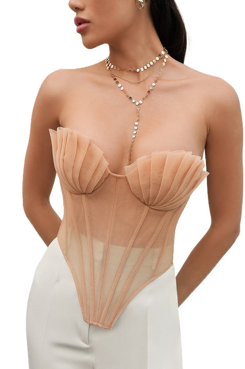 Shell Pleated Chest Wrap Fishbone Inverted Triangle Hem Corset