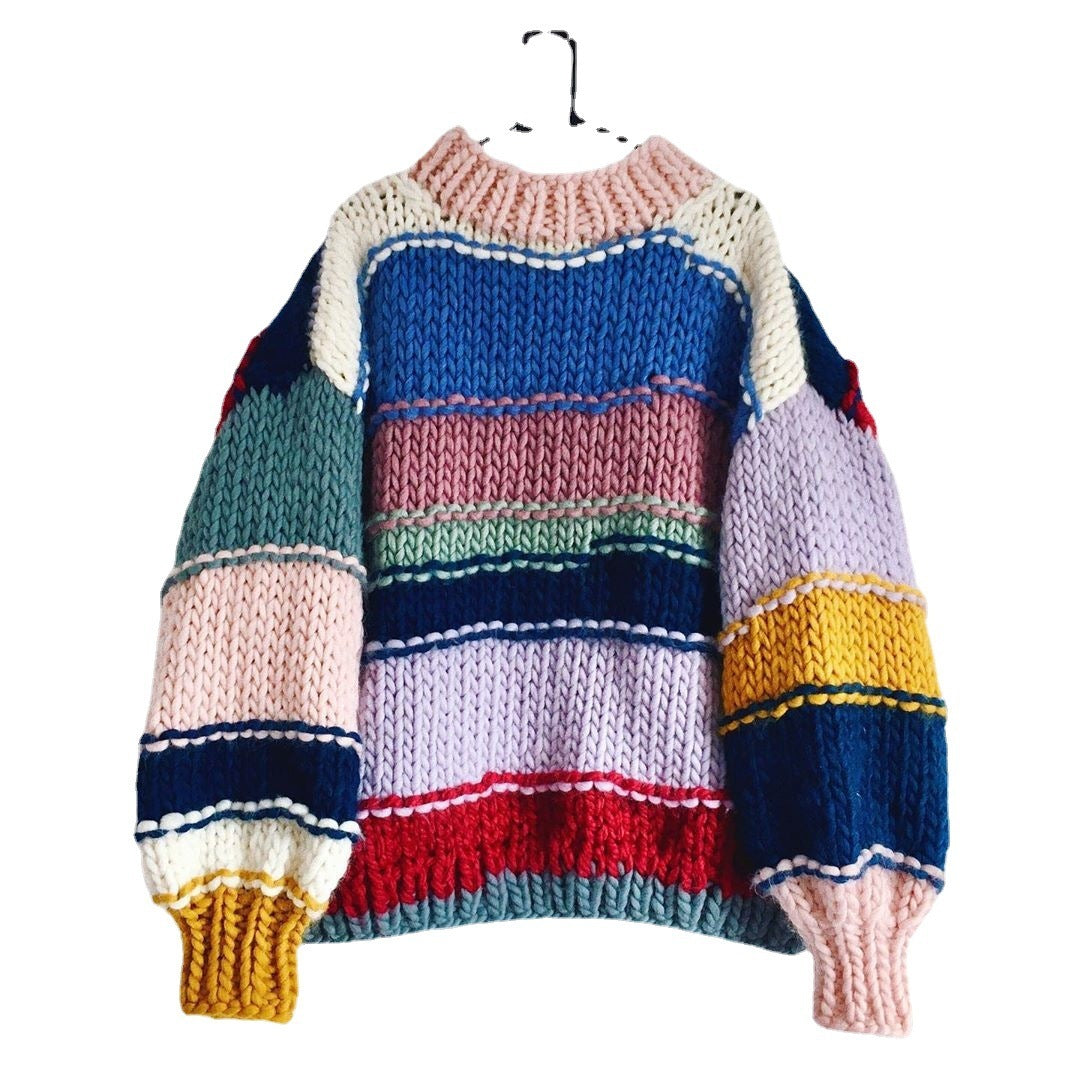 Hand-woven Rainbow Striped Contrast Color Sweater