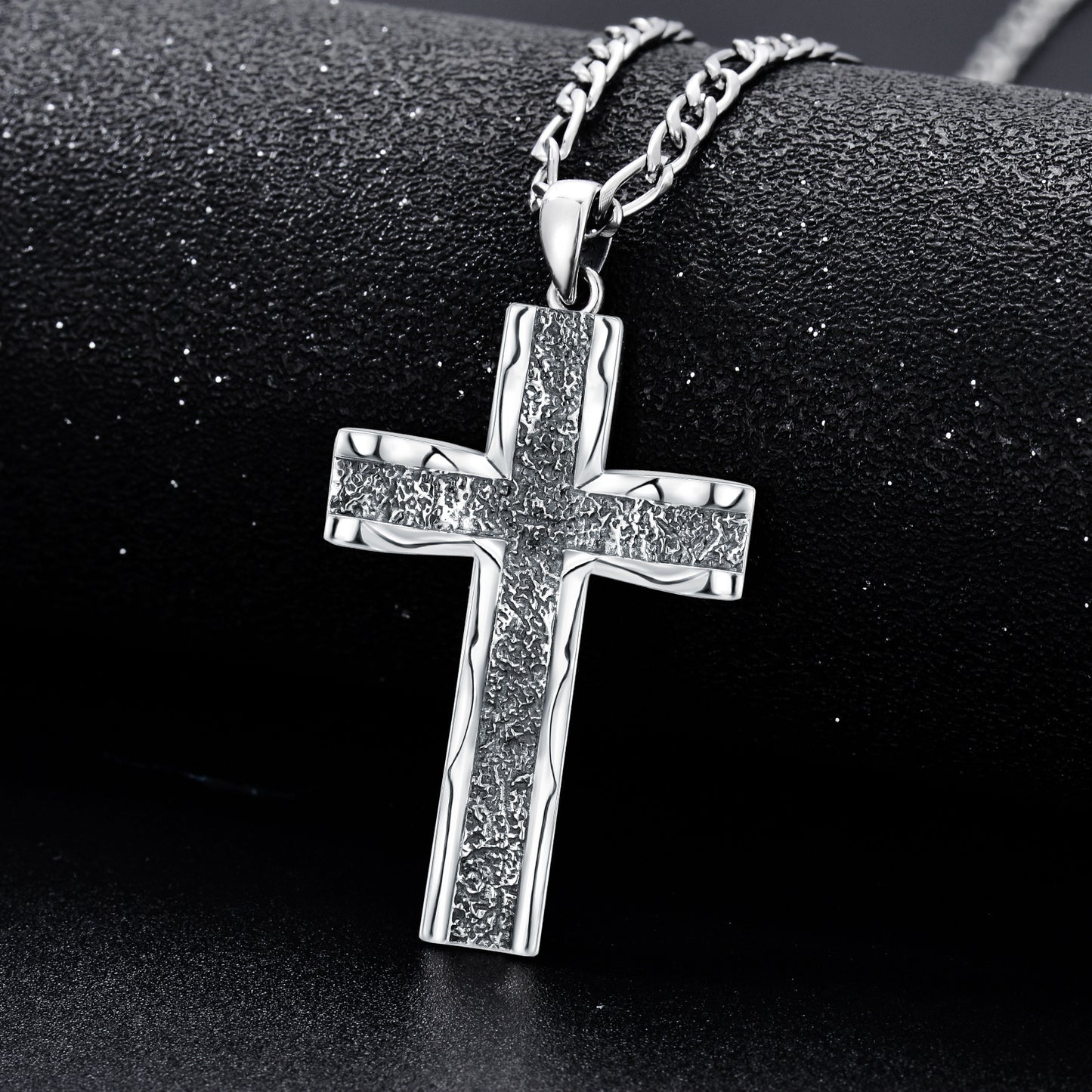 925 Sterling Silver Cross Pendant with Stainless Steel Figaro Chain