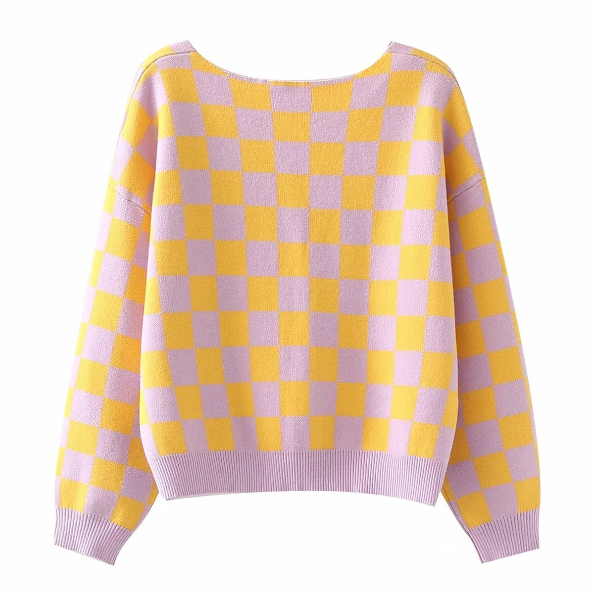 Yellow Checkerboard Pattern V-neck Loose Sweater