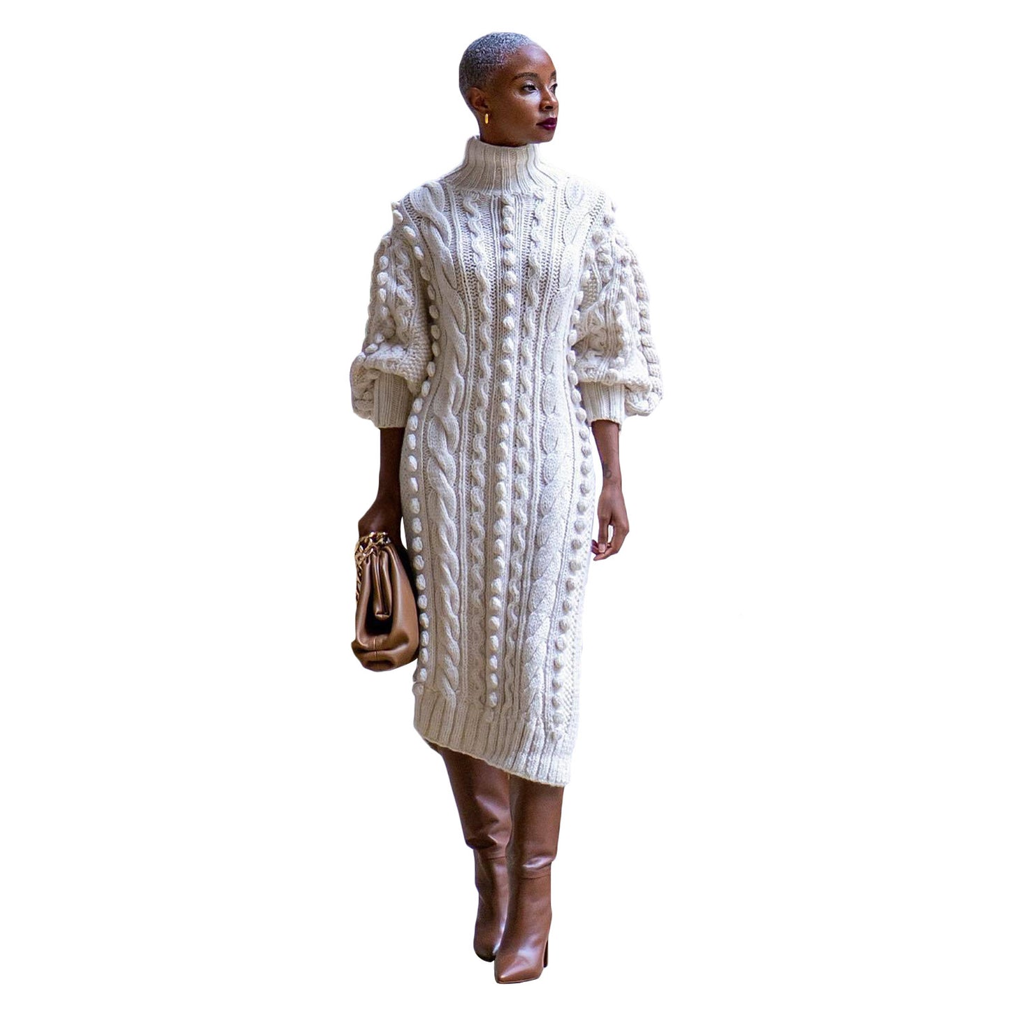 Women's Clothing Casual Turtleneck Slit Knitted Long Dress