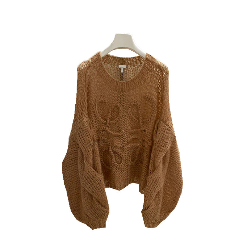 Fried Dough Twist Round Neck Hollow Wide Sleeve Sweater Women