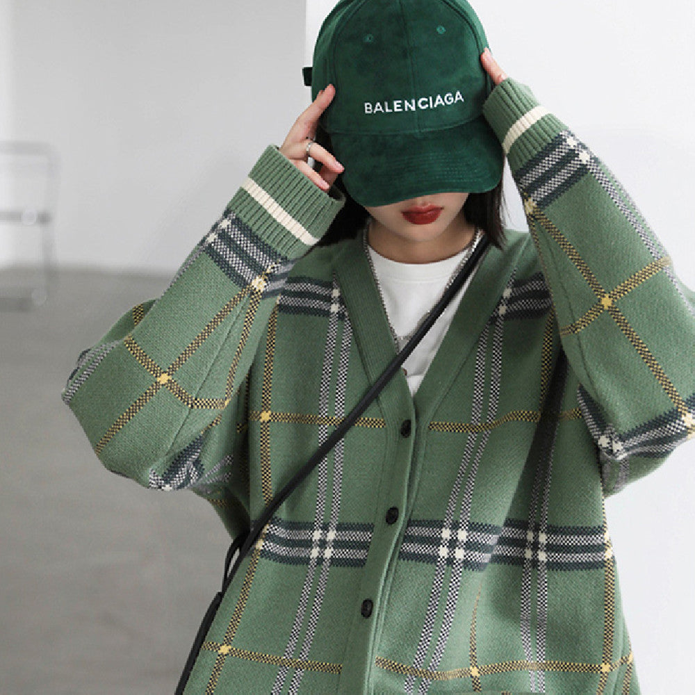 Vintage Loose V-neck Check Sweater Coat Women