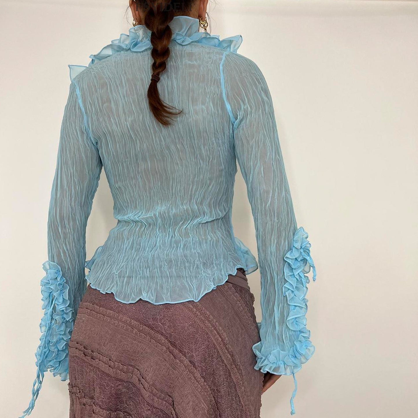 Slim Fit Cinched Mesh Ruffle Top See-through Lace Shirt