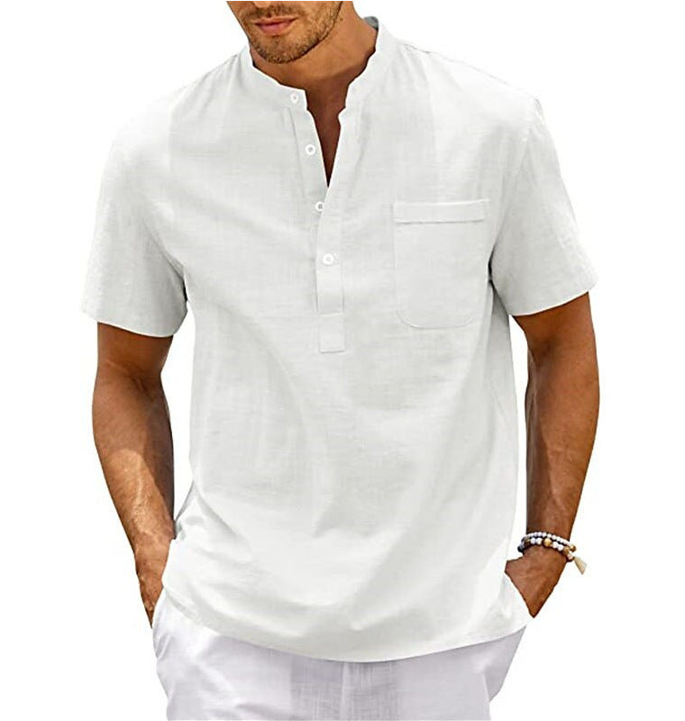 Men's Plus Size Solid Color Stand Up Collar Short Sleeved Shirt