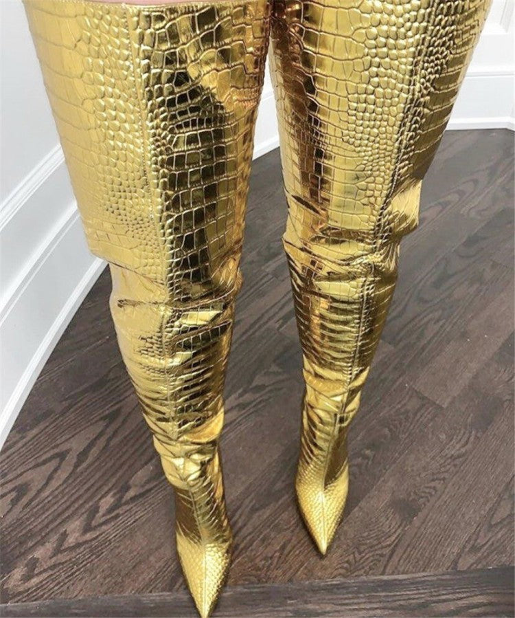 Fashion Gold Over The Knee Back Zipper High Heels