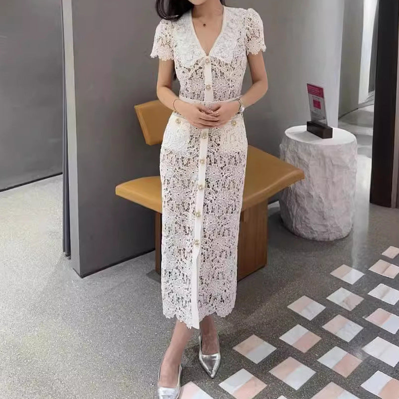 Elegant Short Sleeve Lapel Refined Handmade Lace Waist Dress