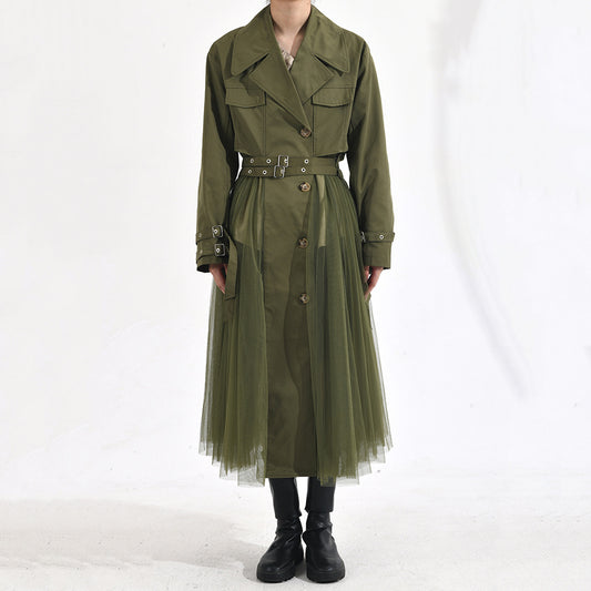 Women's  Mesh Stitching Green Windbreaker Coat