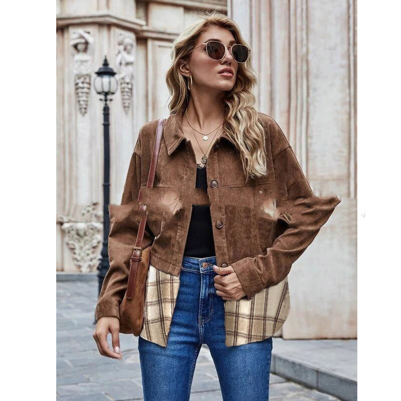 European And American Thick Shirt Corduroy Stitching Plaid Cardigan