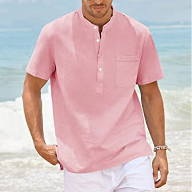 Men's Plus Size Solid Color Stand Up Collar Short Sleeved Shirt