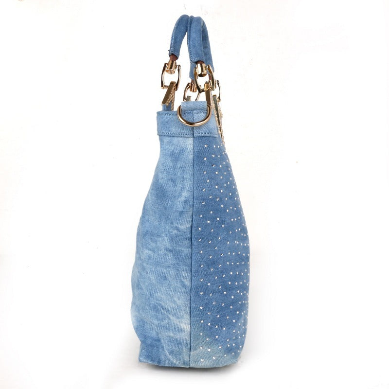 Women's V-shaped Diamond Flower Denim Bag