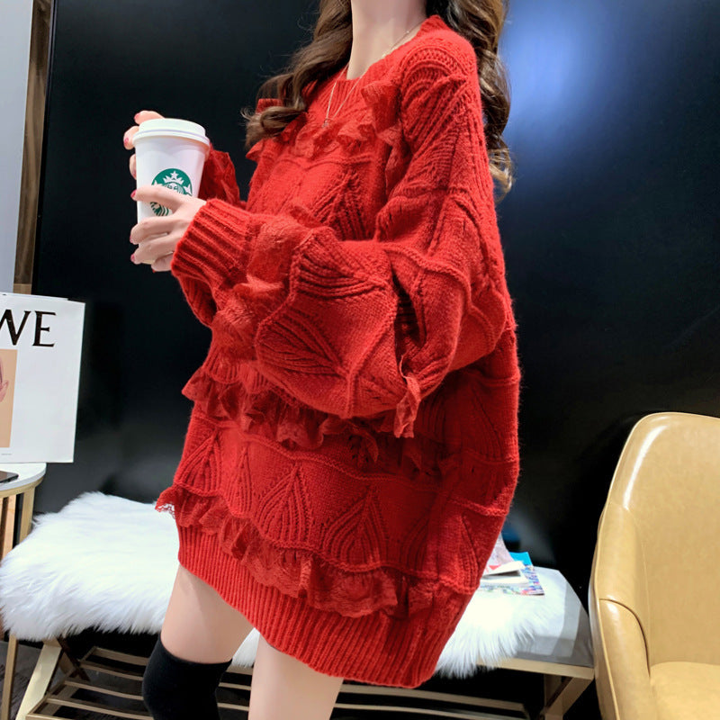 Women Solid Color Lace Sweater Loose