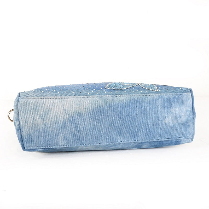 Women's V-shaped Diamond Flower Denim Bag