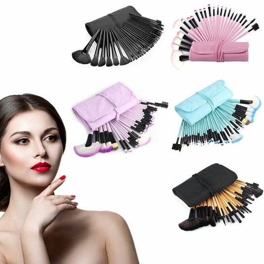 32Pcs Makeup Brushes Pouch Set Blending Powder Puff