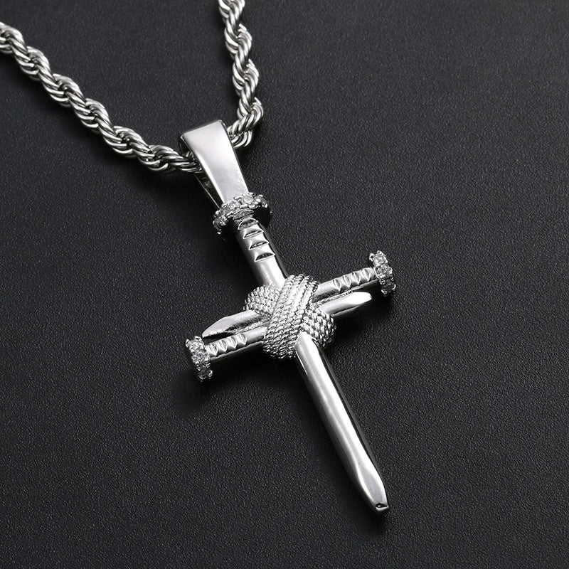 Zircon Inlaid Simple And Novel Nail Cross Pendant Necklace