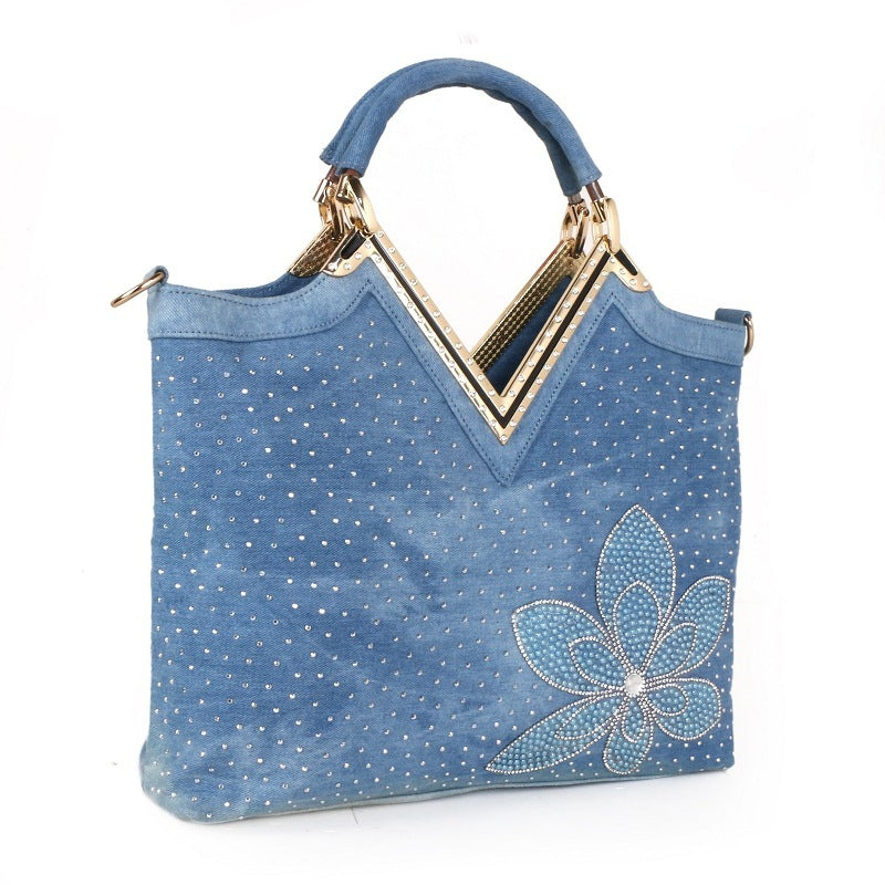 Women's V-shaped Diamond Flower Denim Bag