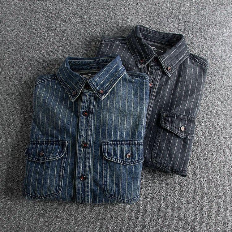 Denim Shirt Retro Heavy Distressed Thick Striped  Men’s Long Sleeve