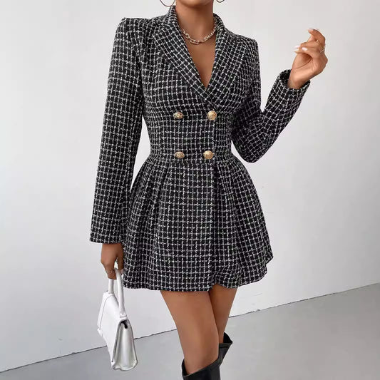 Fashion Plaid Temperament Commute V-neck Long Coat Dress