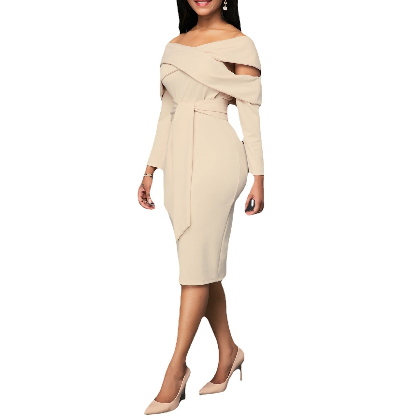 Solid Color Temperament Slim Fit One-Line Neck Long Sleeve Dress