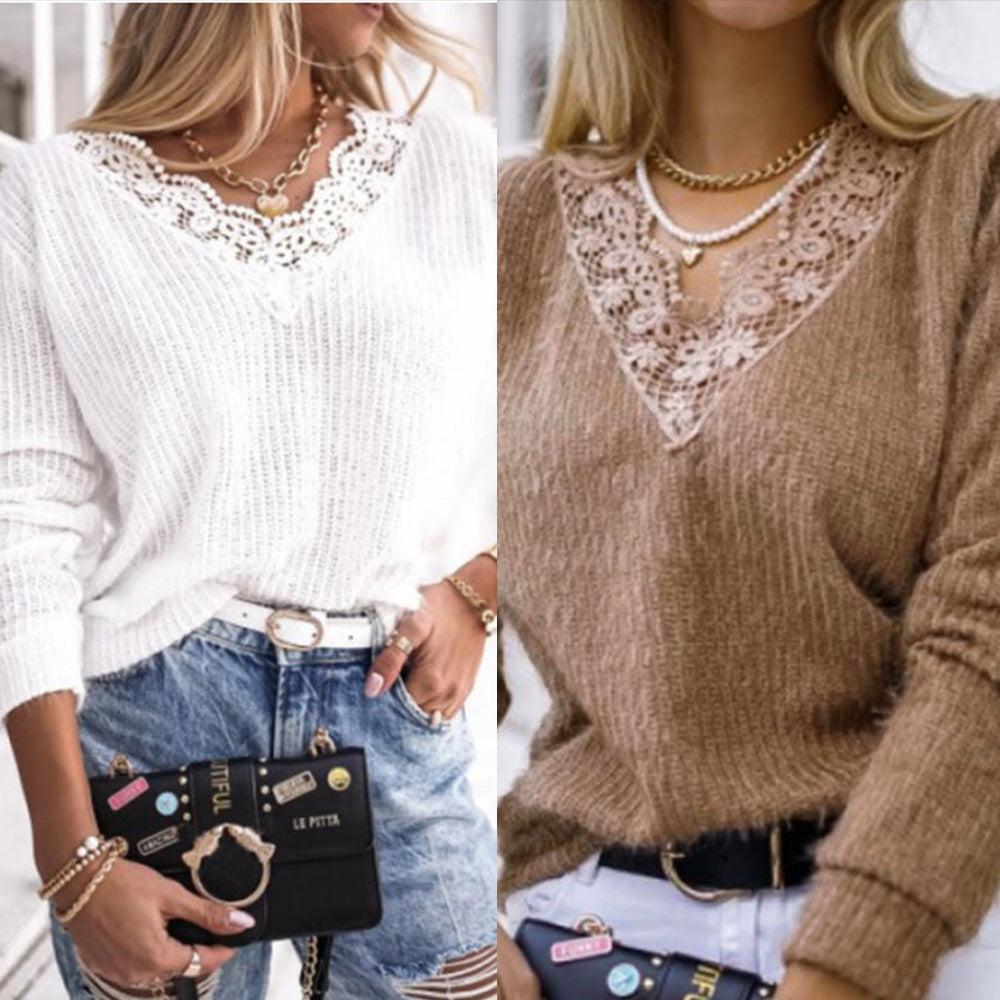 Lace Edge Knitted Warm V-neck Plain Sweater Top Women