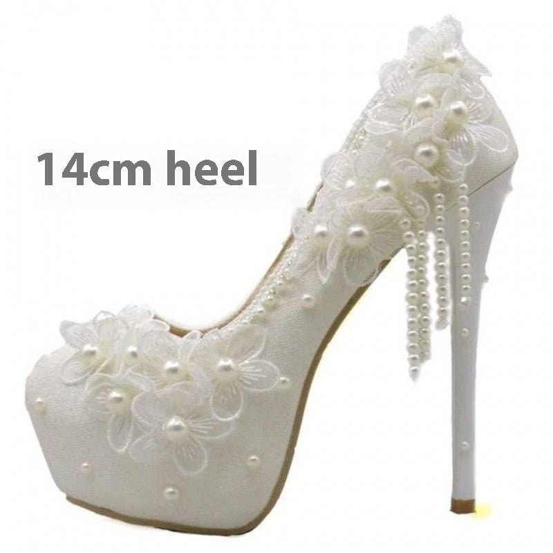 High-heeled Flower Rhinestone Tassel Bride Shoe