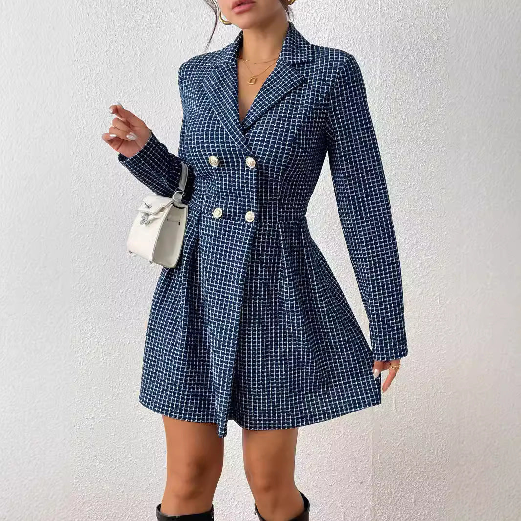 Fashion Plaid Temperament Commute V-neck Long Coat Dress