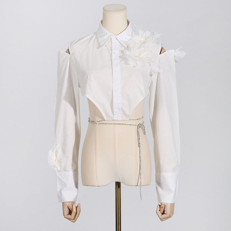 Irregular Design Flower Stitching Tied Shirt For Women