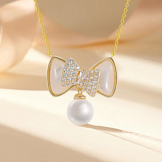 Bow Pearl Pendant Sterling Silver Necklace