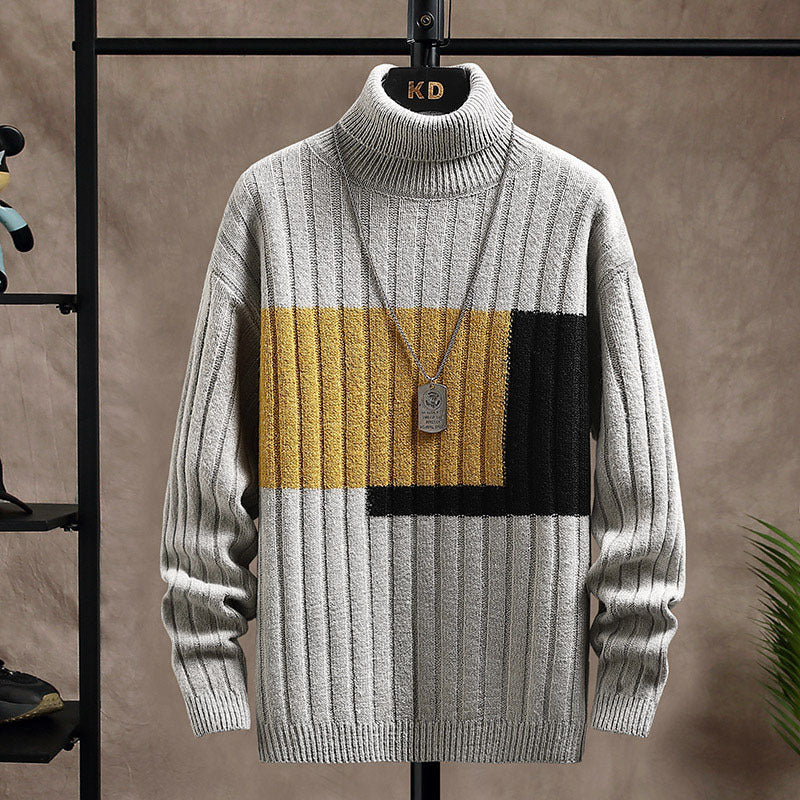 Square Color Stitching Thickened Turtleneck Men's Knitted Sweater