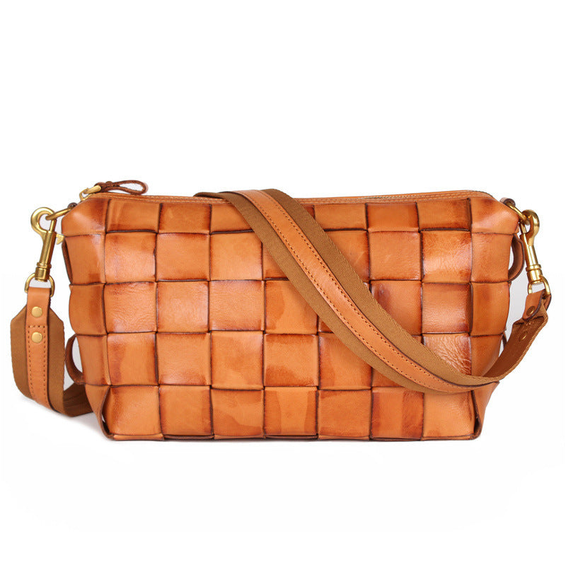 Vintage Handwoven Shoulder Bag With Vegetable Tanned Top Layer Cowhide