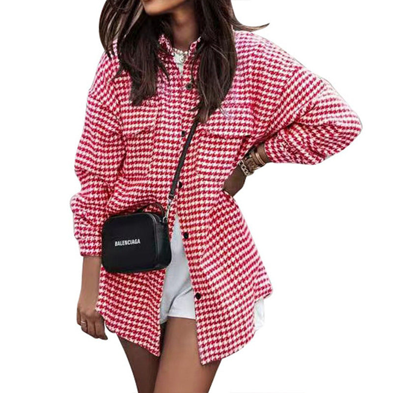 Fashion Houndstooth Long-sleeved Shirt Women