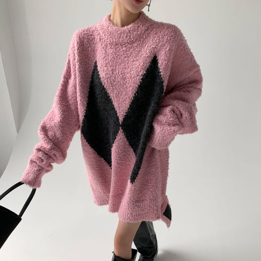 Women's Loose Outer Wear Color-blocking Diamond Pattern Wool Sweater