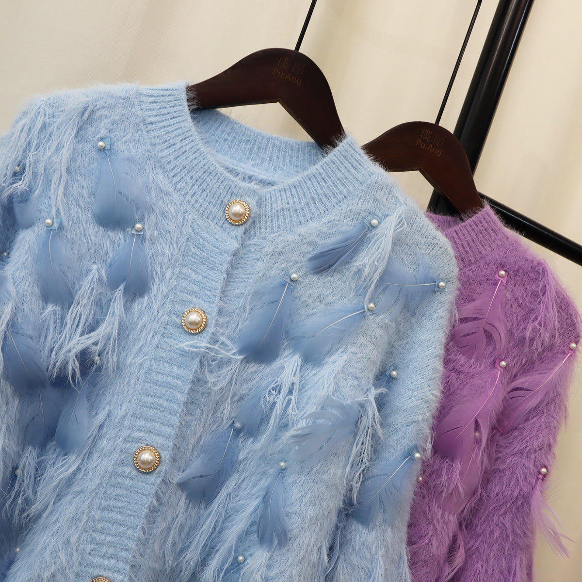 Artificial Mink Fur Gentle Design Feather Beaded Tassel Knitted Cardigan